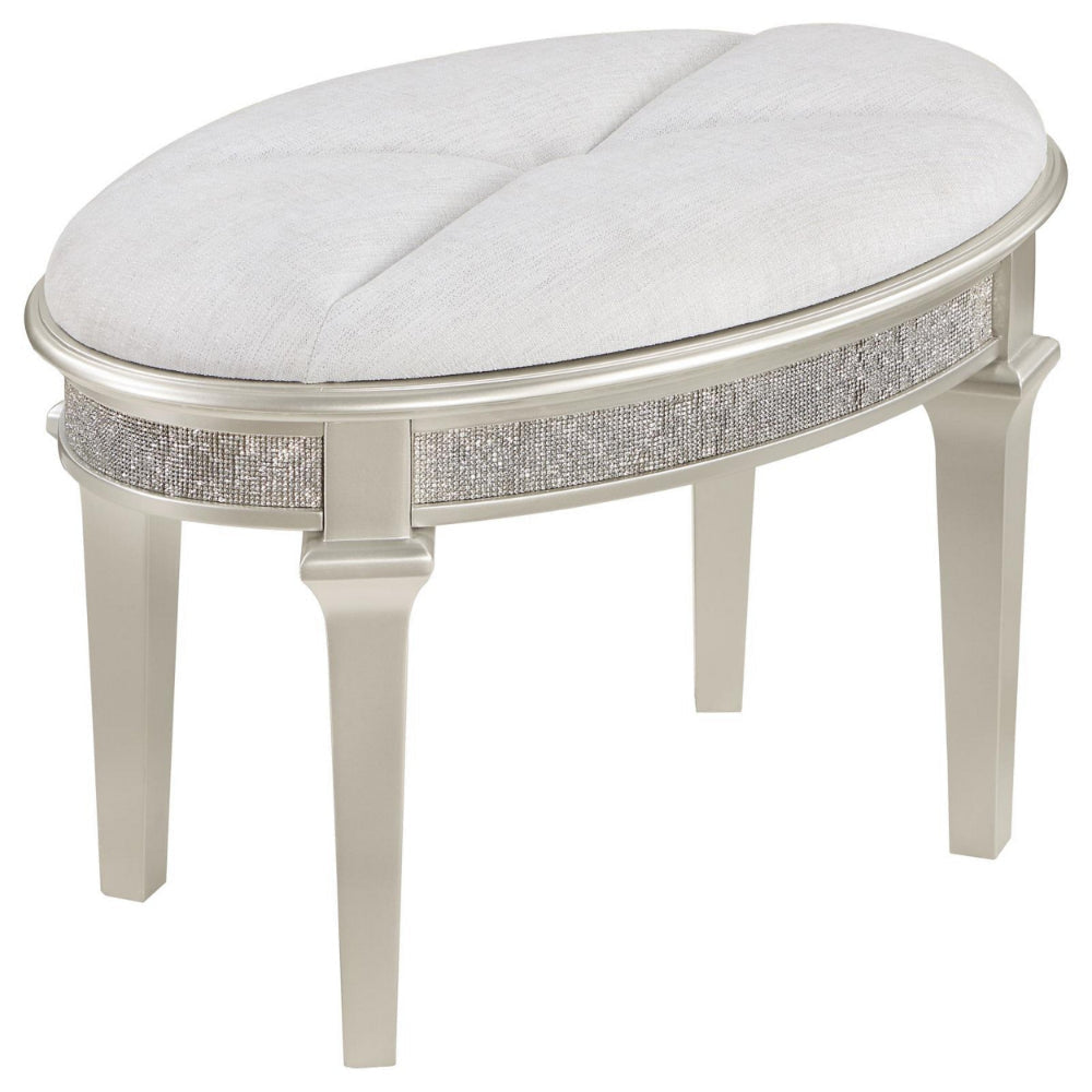 Nive 24 Inch Oval Vanity Stool, Ivory Chenille, Encrusted Faux Diamond  By Casagear Home