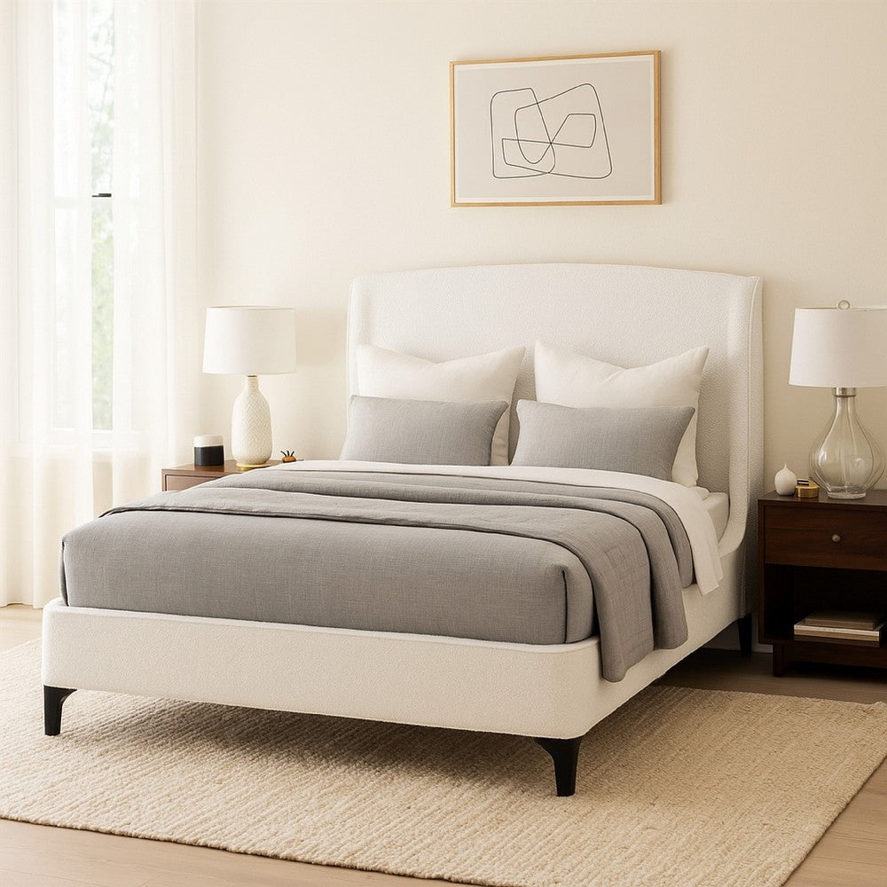 Mabe Queen Size Bed, Wingback Curved Headboard, White Fabric Upholstery By Casagear Home