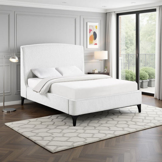 Mabe King Size Bed, Wingback Curved Headboard, White Fabric Upholstery By Casagear Home