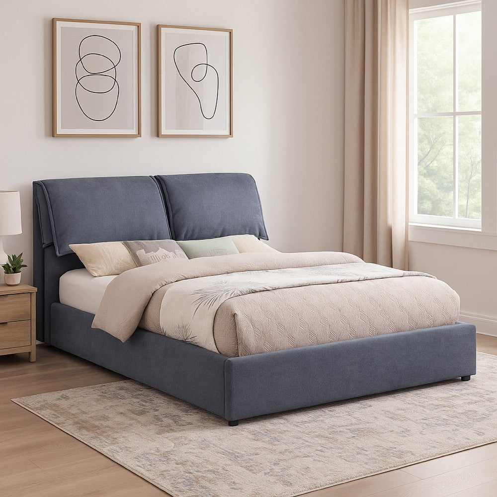 Lian Queen Size Bed, Pillow Headboard, Charcoal Gray Fabric Upholstered By Casagear Home