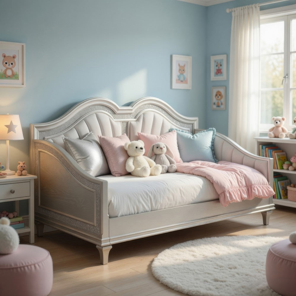 Nive Twin Daybed, Classic, Faux Diamond, Silver, Ivory Fabric Upholstered By Casagear Home