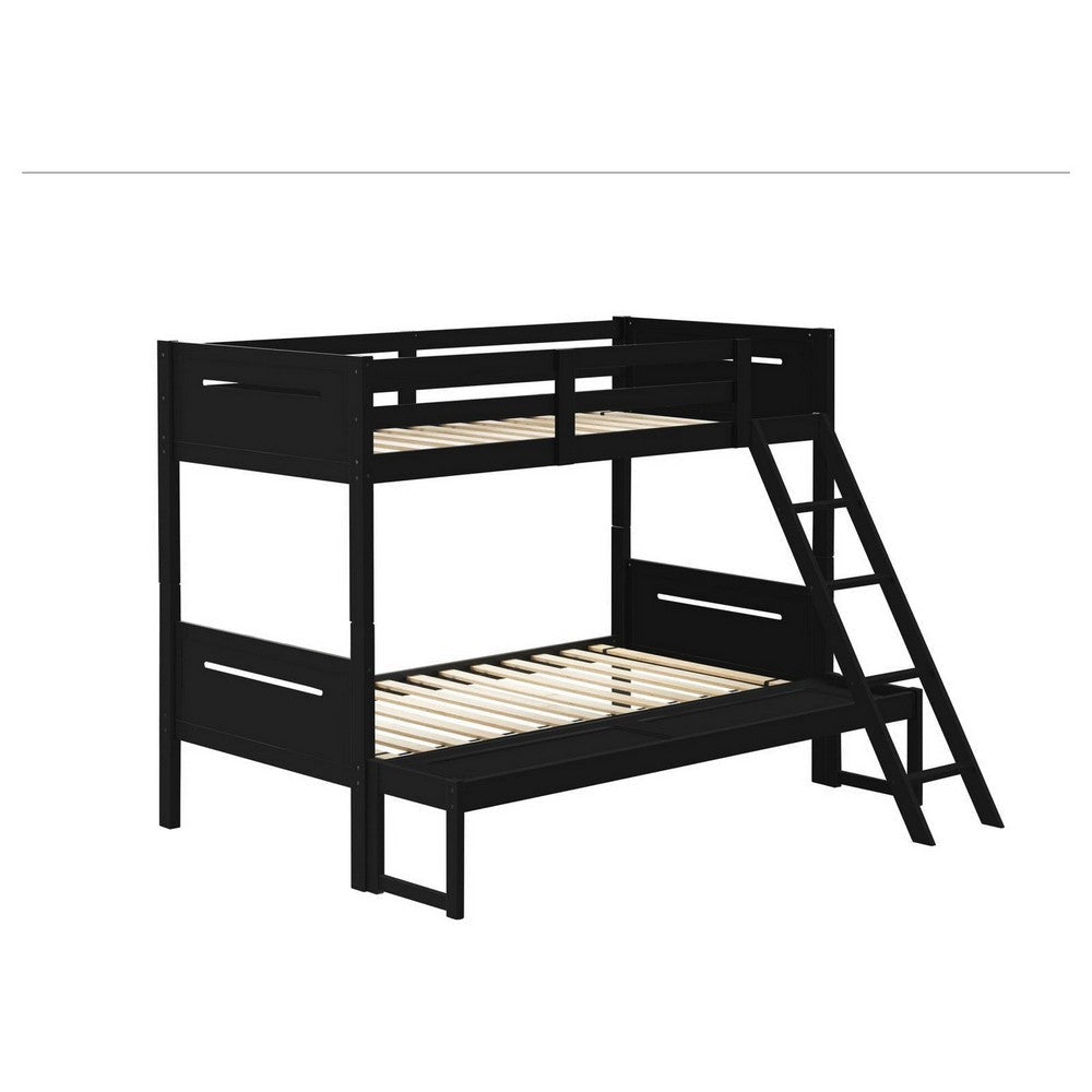 Amey Twin over Full Bunk Bed, Guard Rails, Attached Ladder, Black Wood By Casagear Home