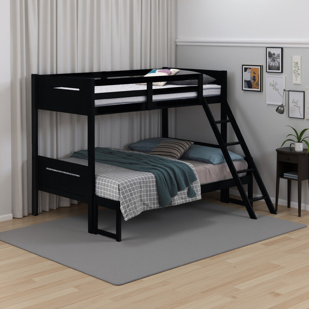 Amey Twin over Full Bunk Bed, Guard Rails, Attached Ladder, Black Wood By Casagear Home