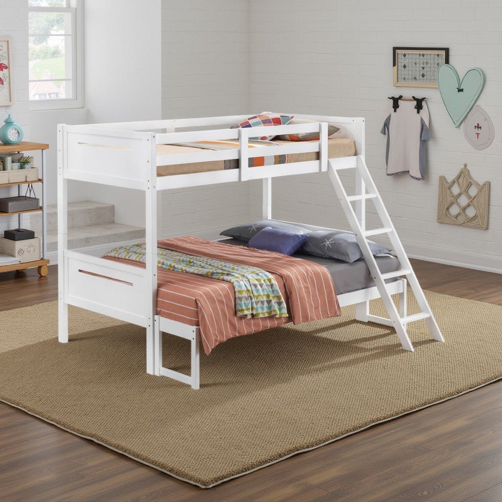Amey Twin over Full Bunk Bed, Guard Rails, Attached Ladder, White Wood By Casagear Home