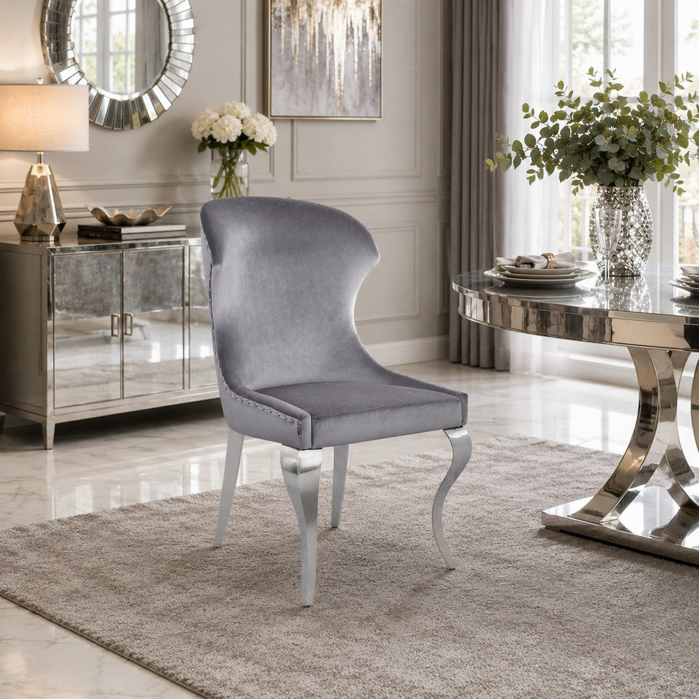 Cian 22 Inch Dining Chair, Curved, Cabriole Legs, Gray Velvet, Set of 2