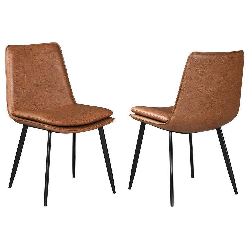 19 Inch Dining Chair, Brown Faux Leather Seat, Black Tapered Legs, Set of 2 By Casagear Home