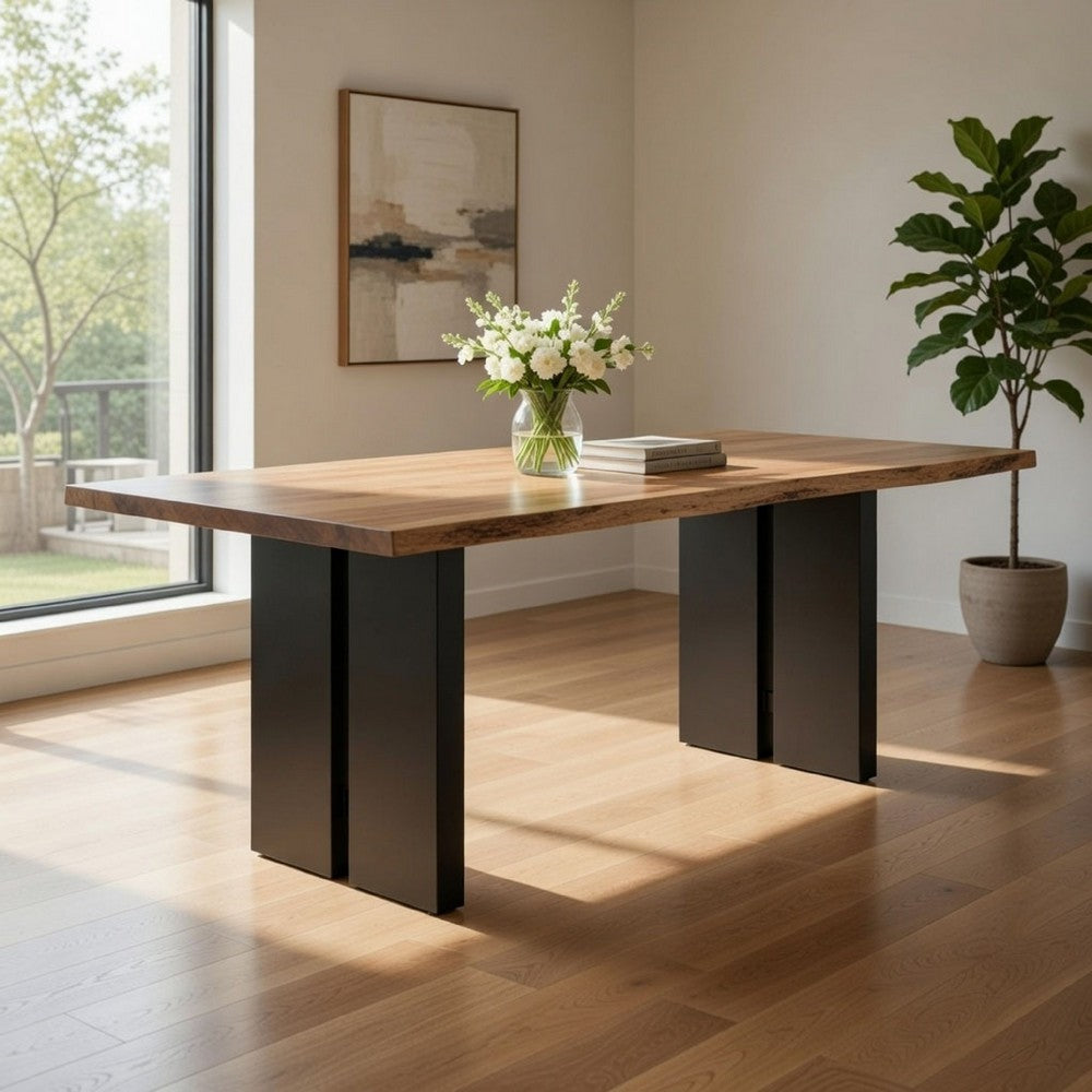 80 Inch Wood Dining Table, Rectangular, Double Pedestal Base, Brown, Black