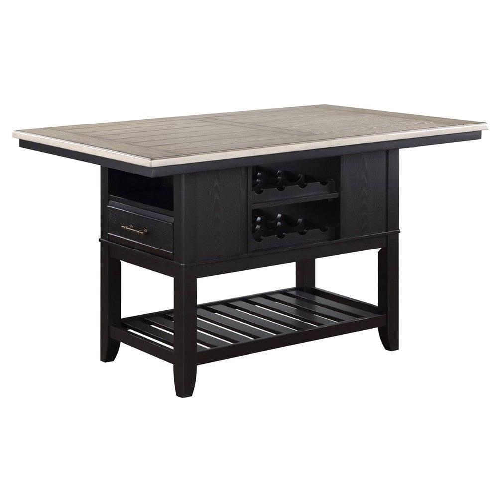 Kara 60 Inch Counter Height Dining Table, Lower Shelves, Wood, Black, Beige By Casagear Home