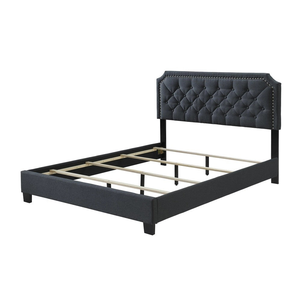 Shiran King Size Bed Tufted Fabric Upholstered Headboard Wood Black By Casagear Home BM307224