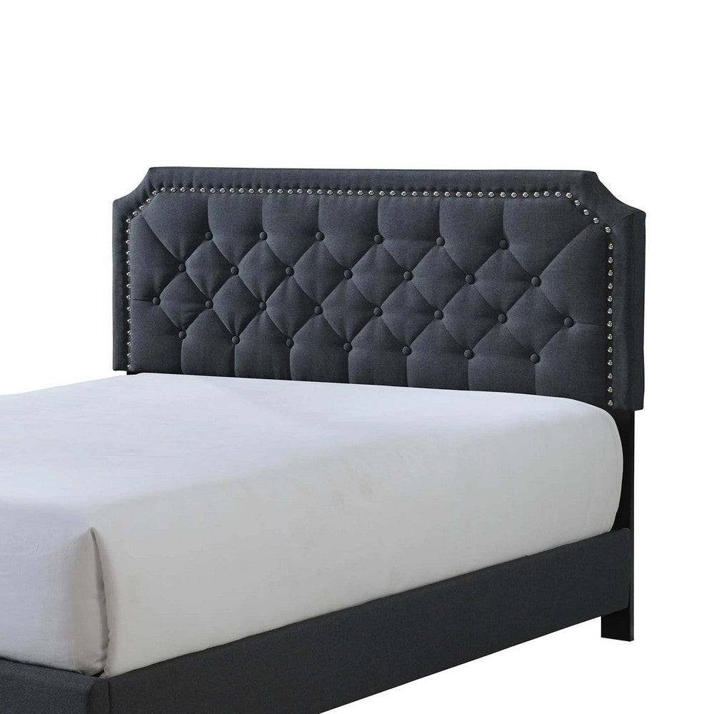 Shiran Queen Size Bed Tufted Fabric Upholstered Headboard Wood Black By Casagear Home BM307225