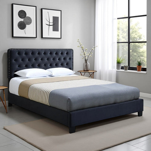 Jane King Size Bed, Low Profile, Tufted Fabric Upholstered Headboard, Black By Casagear Home