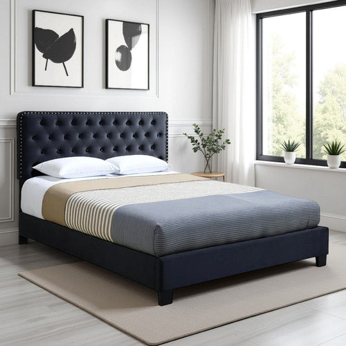 Jane Queen Size Bed, Low Profile, Black Tufted Fabric Upholstered Headboard By Casagear Home