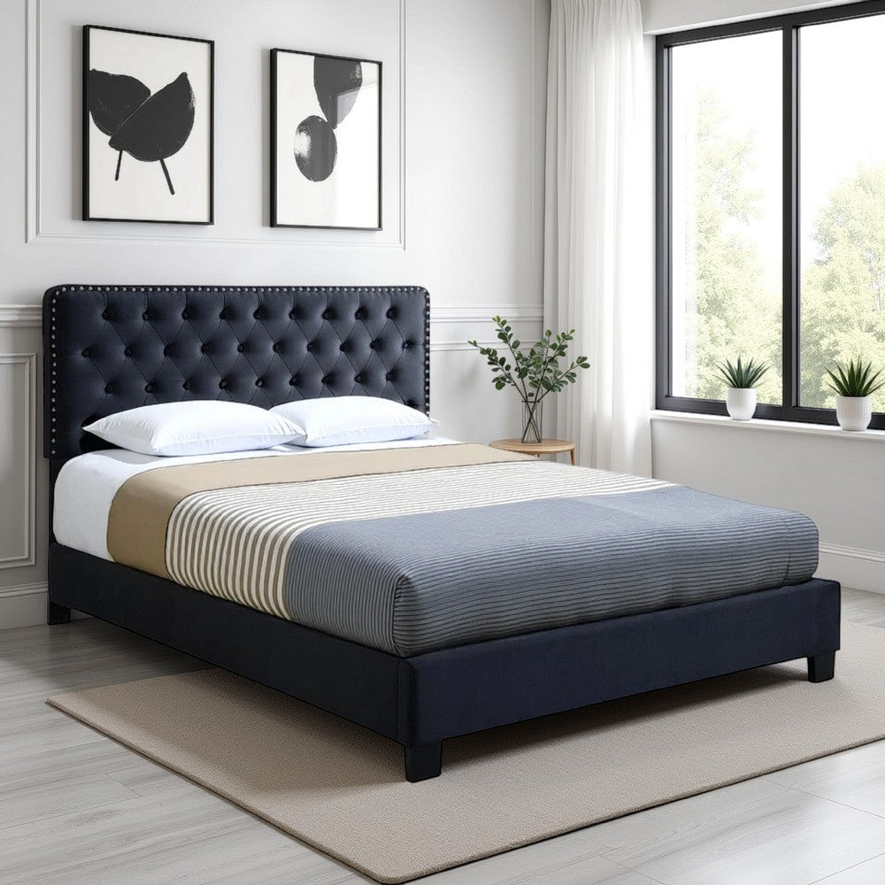 Jane Queen Size Bed, Low Profile, Black Tufted Fabric Upholstered Headboard By Casagear Home