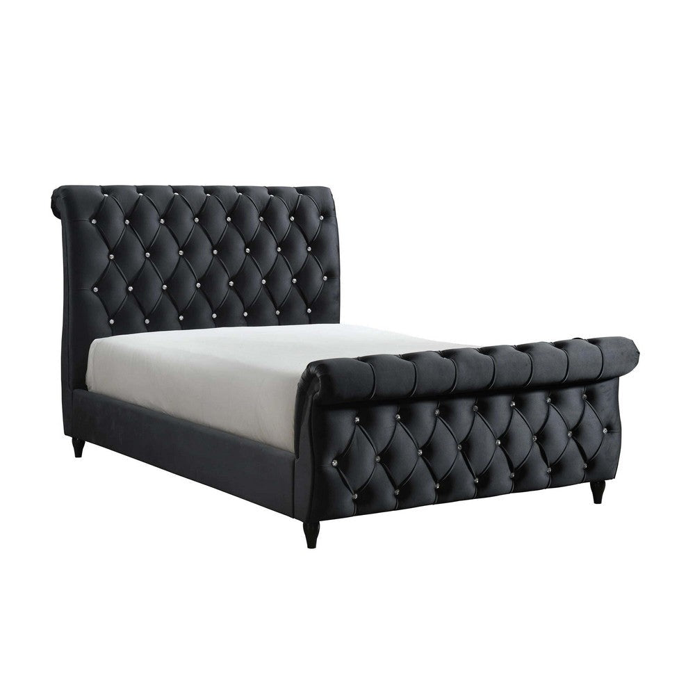 Ellowen Queen Size Bed, Diamond Tufted Black Upholstery, Panel Headboard By Casagear Home