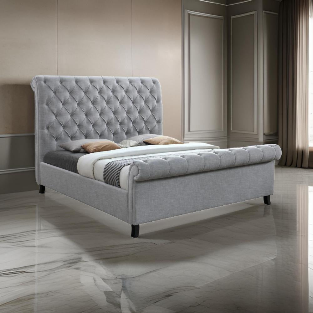 Magnolia King Size Bed, Tufted Upholstered Rolled Top Headboard, Gray By Casagear Home