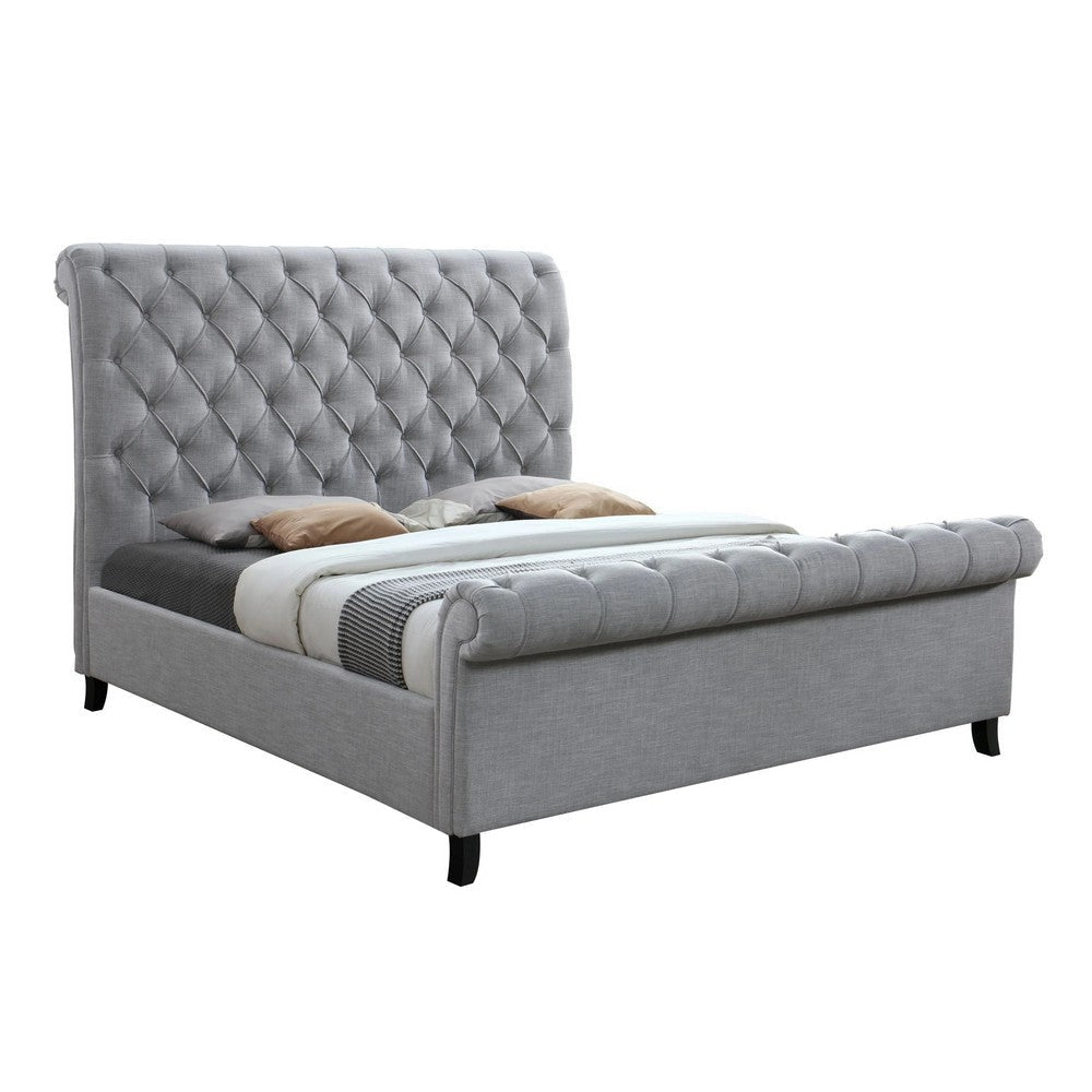 Magnolia King Size Bed Tufted Upholstered Rolled Top Headboard Gray By Casagear Home