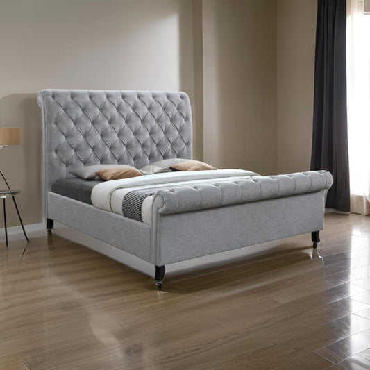 Magnolia Queen Size Bed, Tufted Upholstered Rolled Top Headboard, Gray By Casagear Home