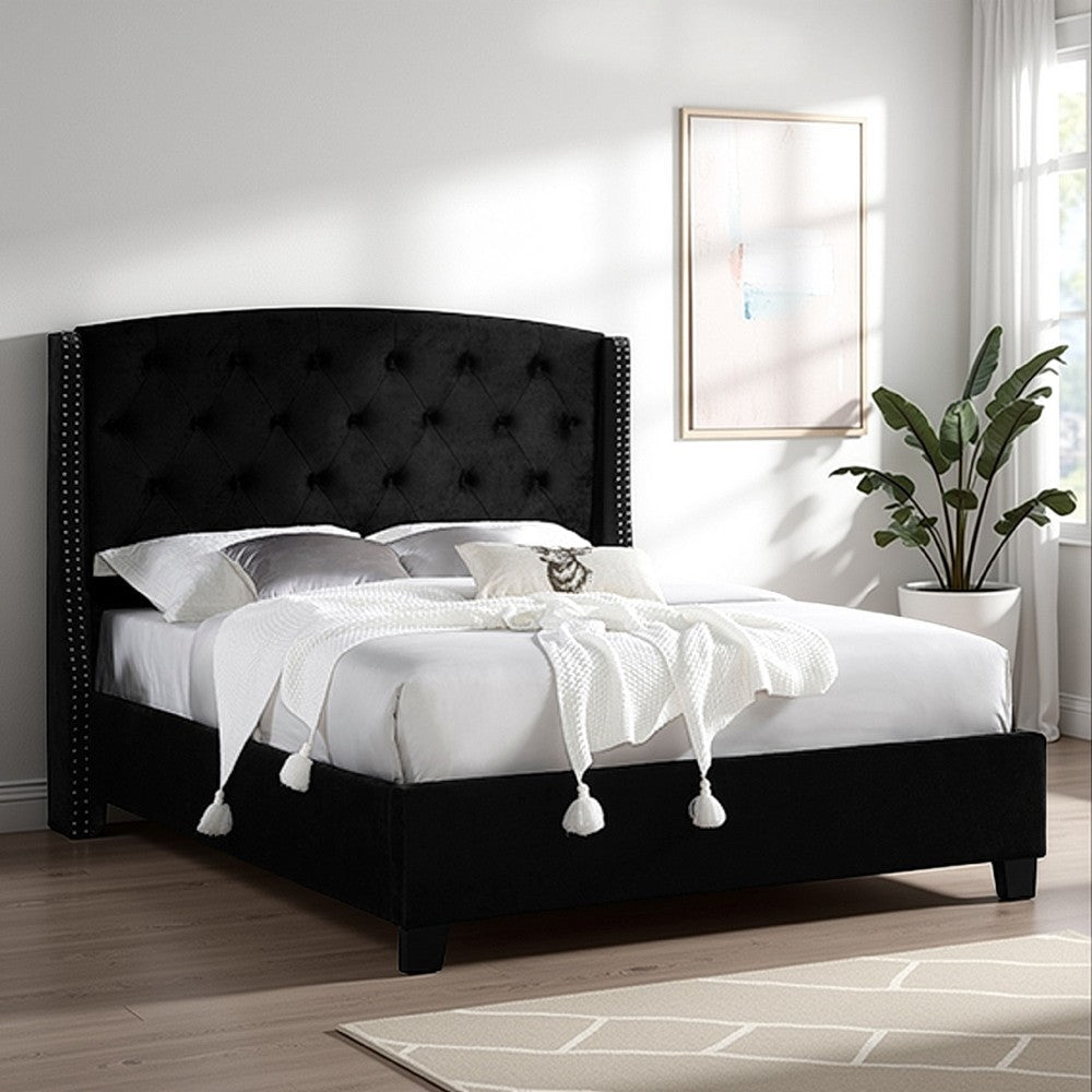 Elle King Size Bed, Low Profile, Button Tufted Upholstered Headboard, Black