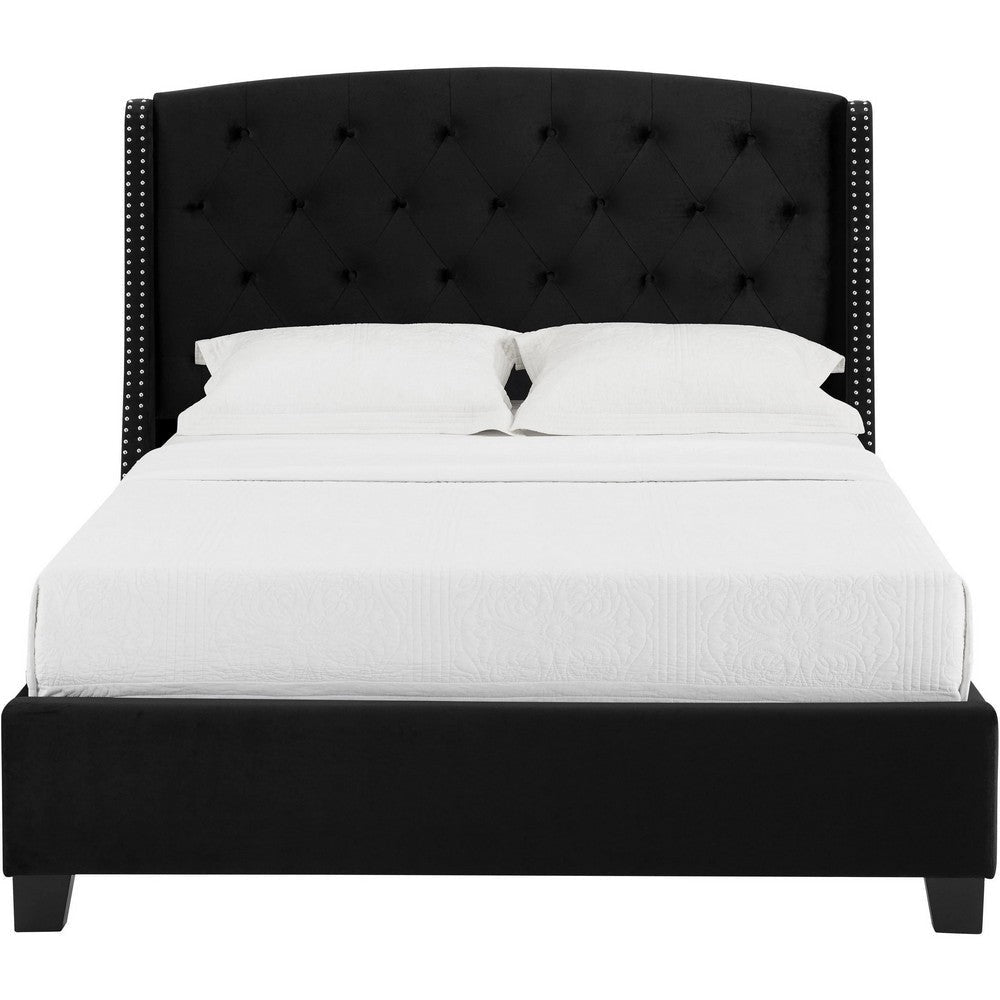 Elle Queen Size Bed Low Profile Black Button Tufted Upholstered Headboard By Casagear Home BM307239