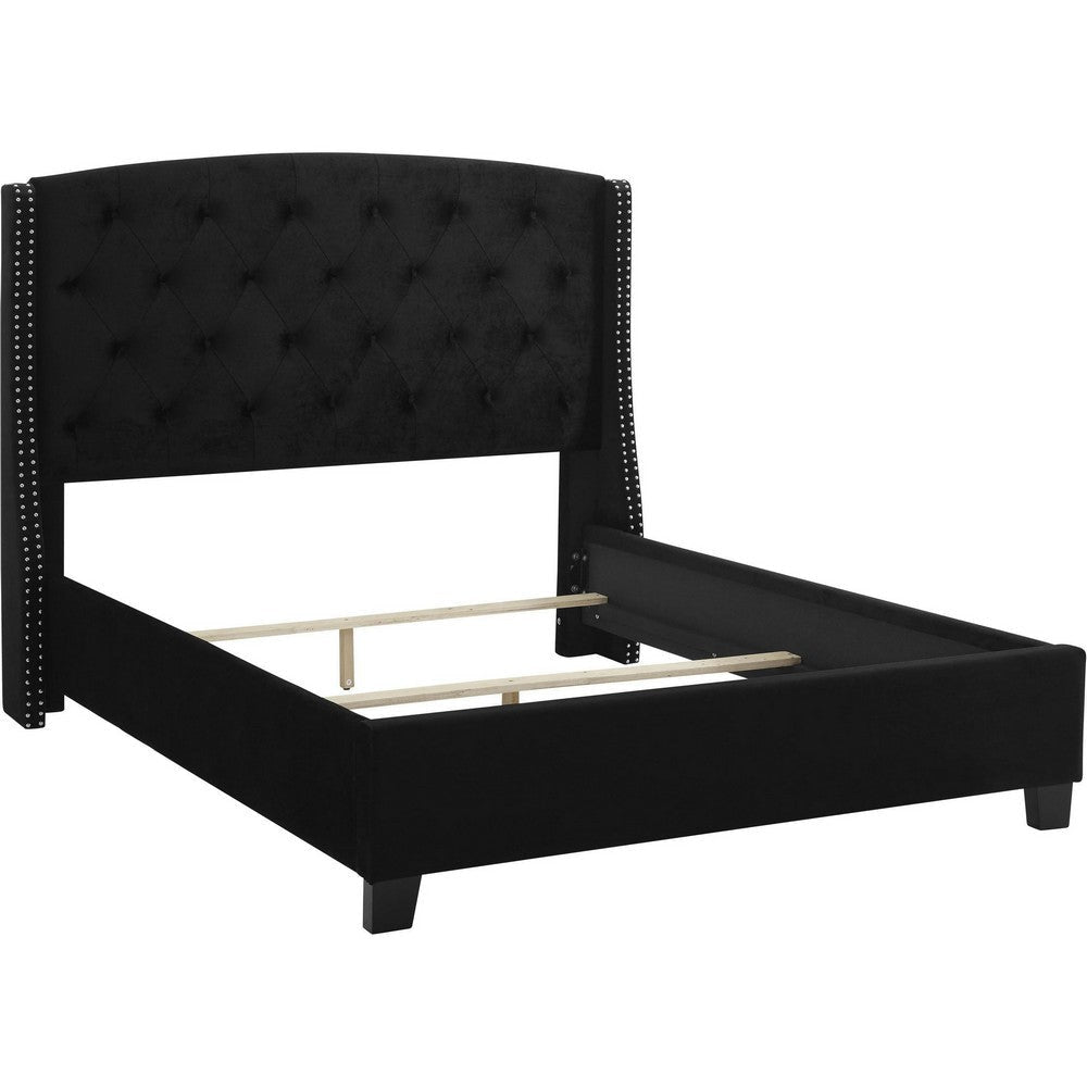 Elle Queen Size Bed Low Profile Black Button Tufted Upholstered Headboard By Casagear Home BM307239