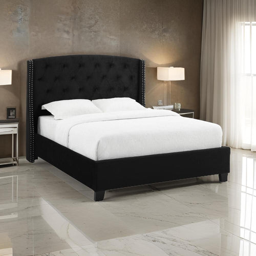 Elle Queen Size Bed, Low Profile, Black Button Tufted Upholstered Headboard By Casagear Home
