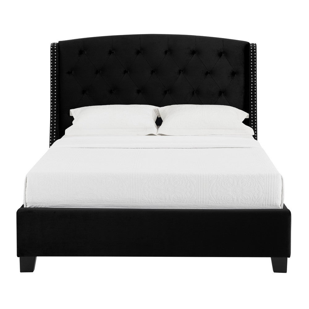 James King Size Bed Platform Style Button Tufted Black Velvet Upholstery By Casagear Home BM307244