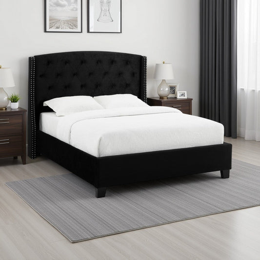 James King Size Bed, Platform Style, Button Tufted Black Velvet Upholstery By Casagear Home