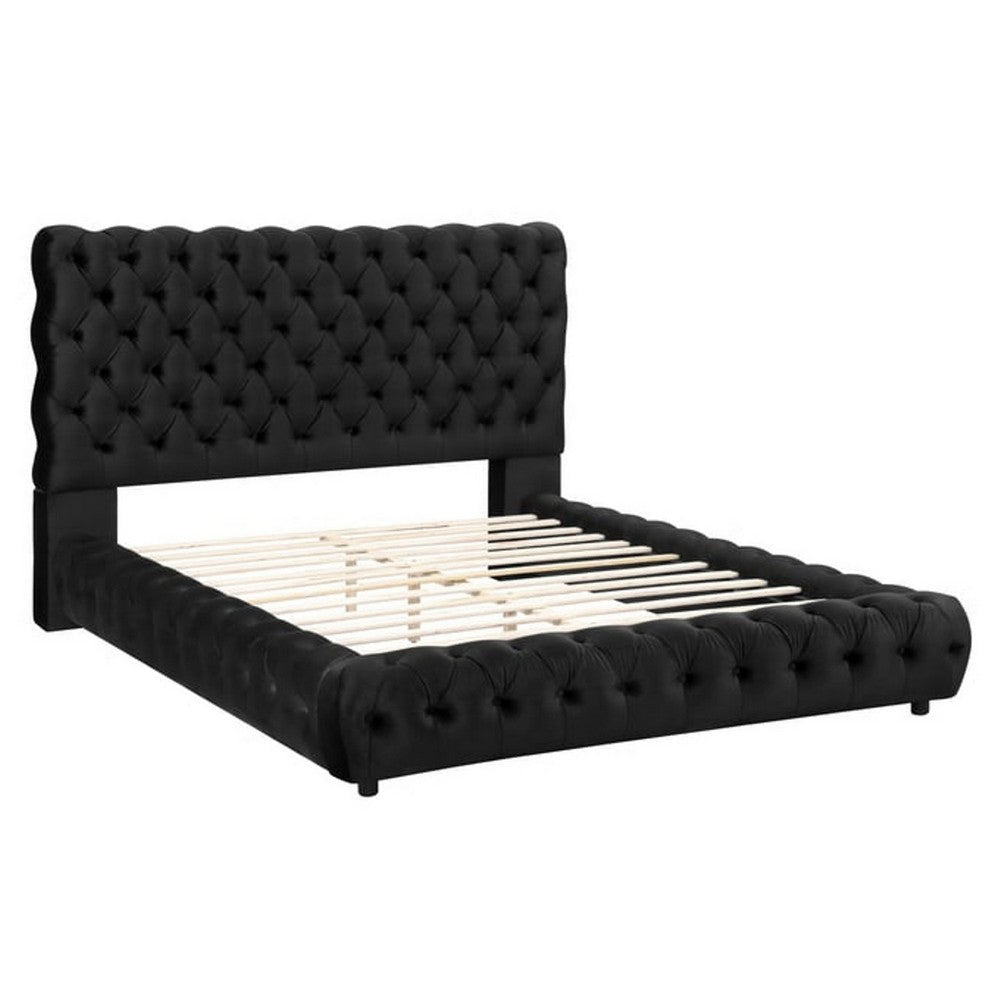 James Queen Size Bed Platform Style Button Tufted Black Velvet Upholstery By Casagear Home