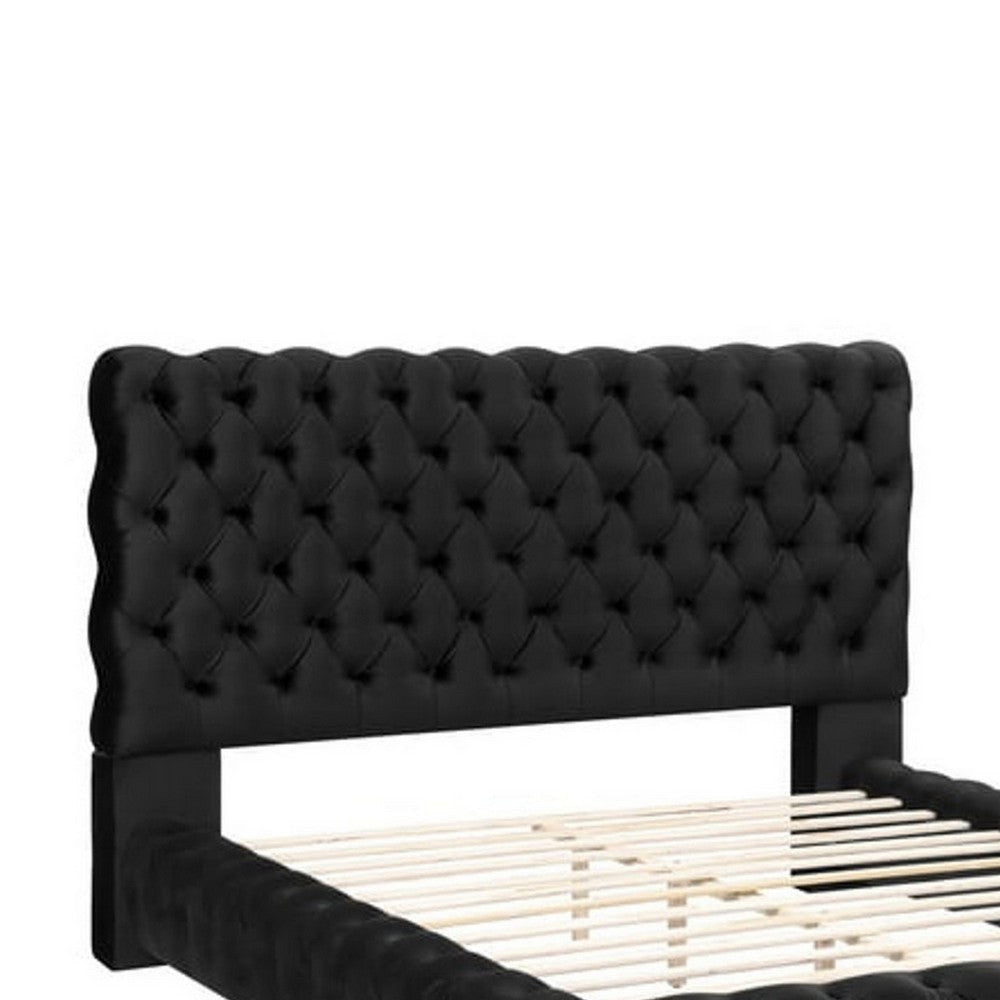James Queen Size Bed Platform Style Button Tufted Black Velvet Upholstery By Casagear Home