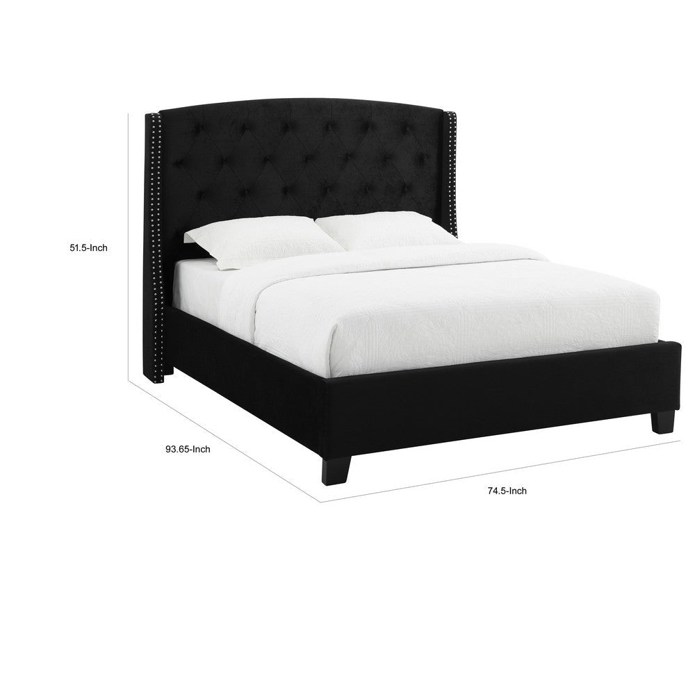 James Queen Size Bed Platform Style Button Tufted Black Velvet Upholstery By Casagear Home