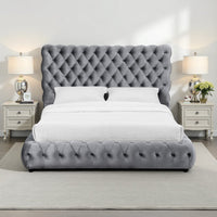 James King Size Bed, Platform Style, Button Tufted Gray Velvet Upholstery By Casagear Home