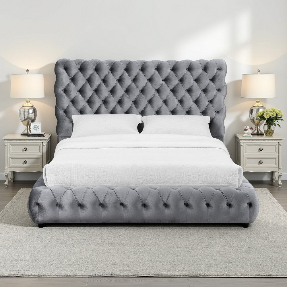 James King Size Bed, Platform Style, Button Tufted Gray Velvet Upholstery By Casagear Home