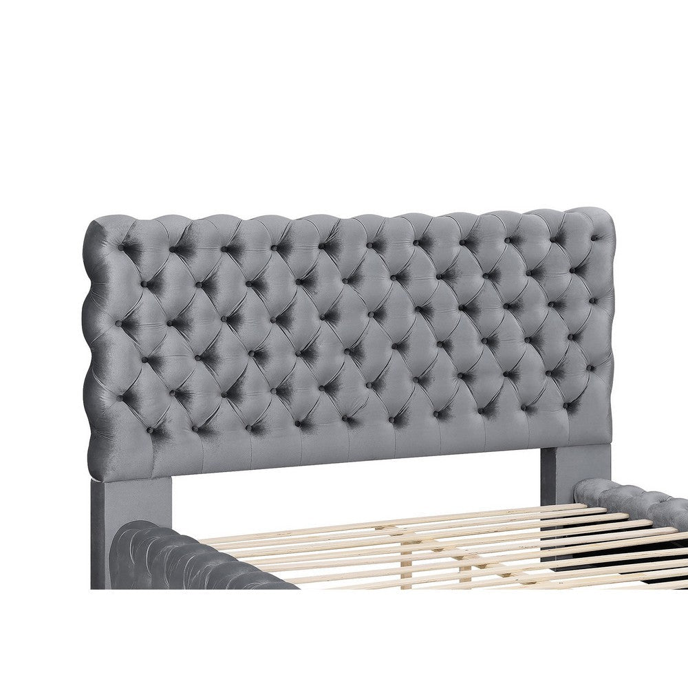 James Queen Size Bed Platform Style Button Tufted Gray Velvet Upholstery By Casagear Home BM307247