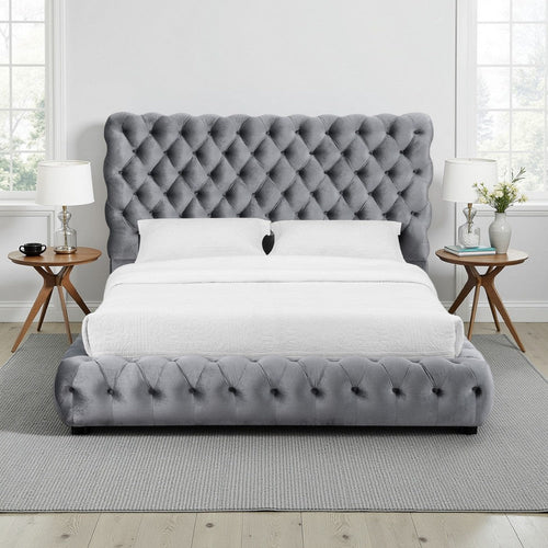 James Queen Size Bed, Platform Style, Button Tufted Gray Velvet Upholstery By Casagear Home