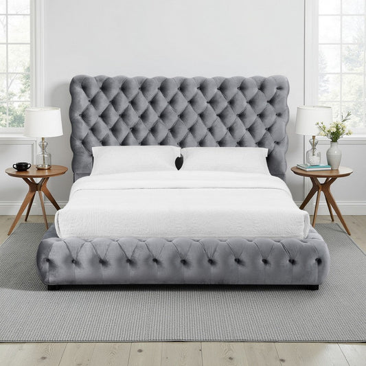 James Queen Size Bed, Platform Style, Button Tufted Gray Velvet Upholstery By Casagear Home