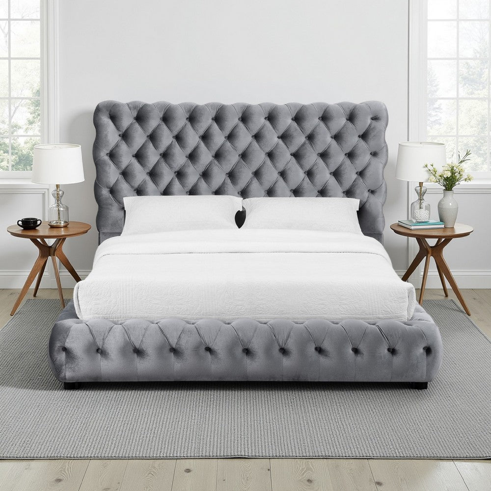 James Queen Size Bed, Platform Style, Button Tufted Gray Velvet Upholstery By Casagear Home