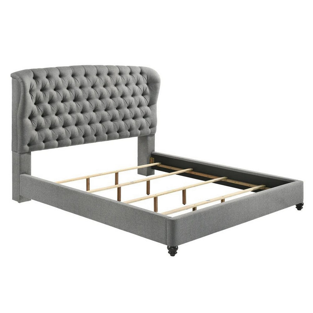 Kevin Queen Size Bed Button Tufted Gray Fabric Upholstery Low Profile By Casagear Home