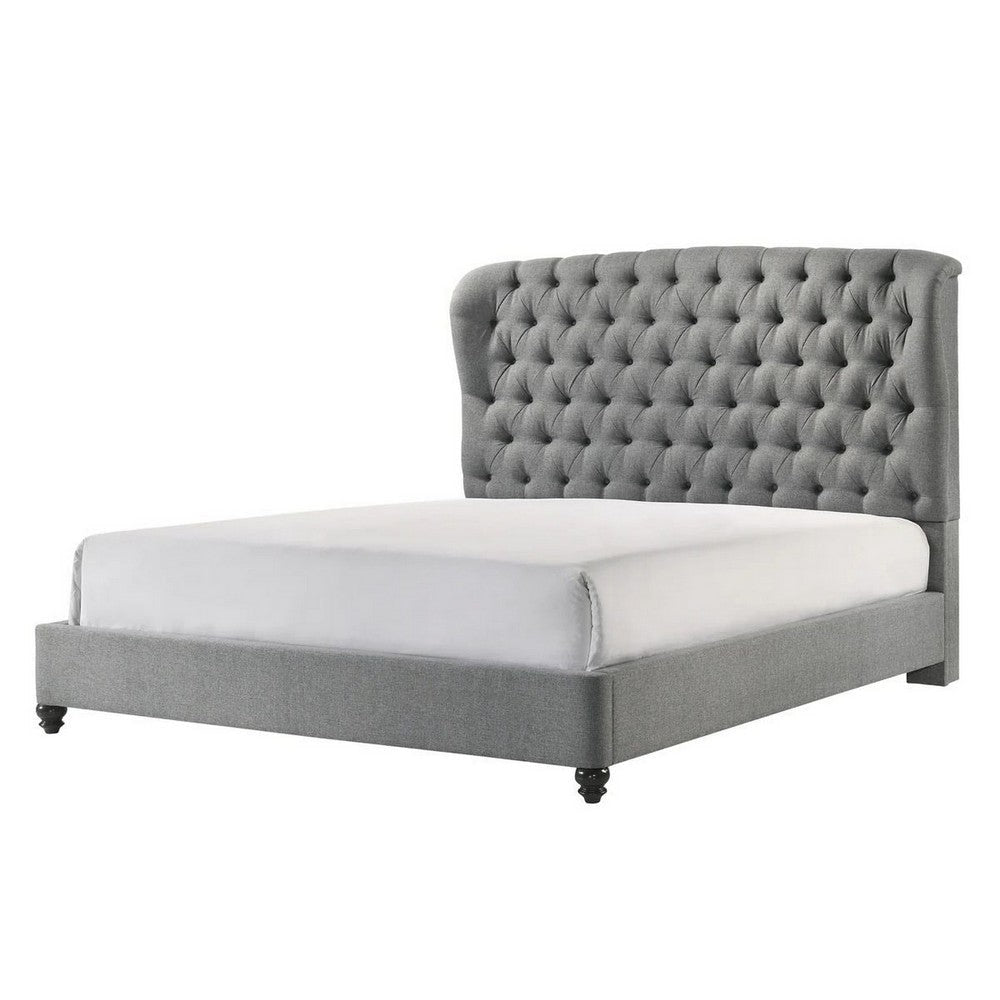 Kevin Queen Size Bed Button Tufted Gray Fabric Upholstery Low Profile By Casagear Home