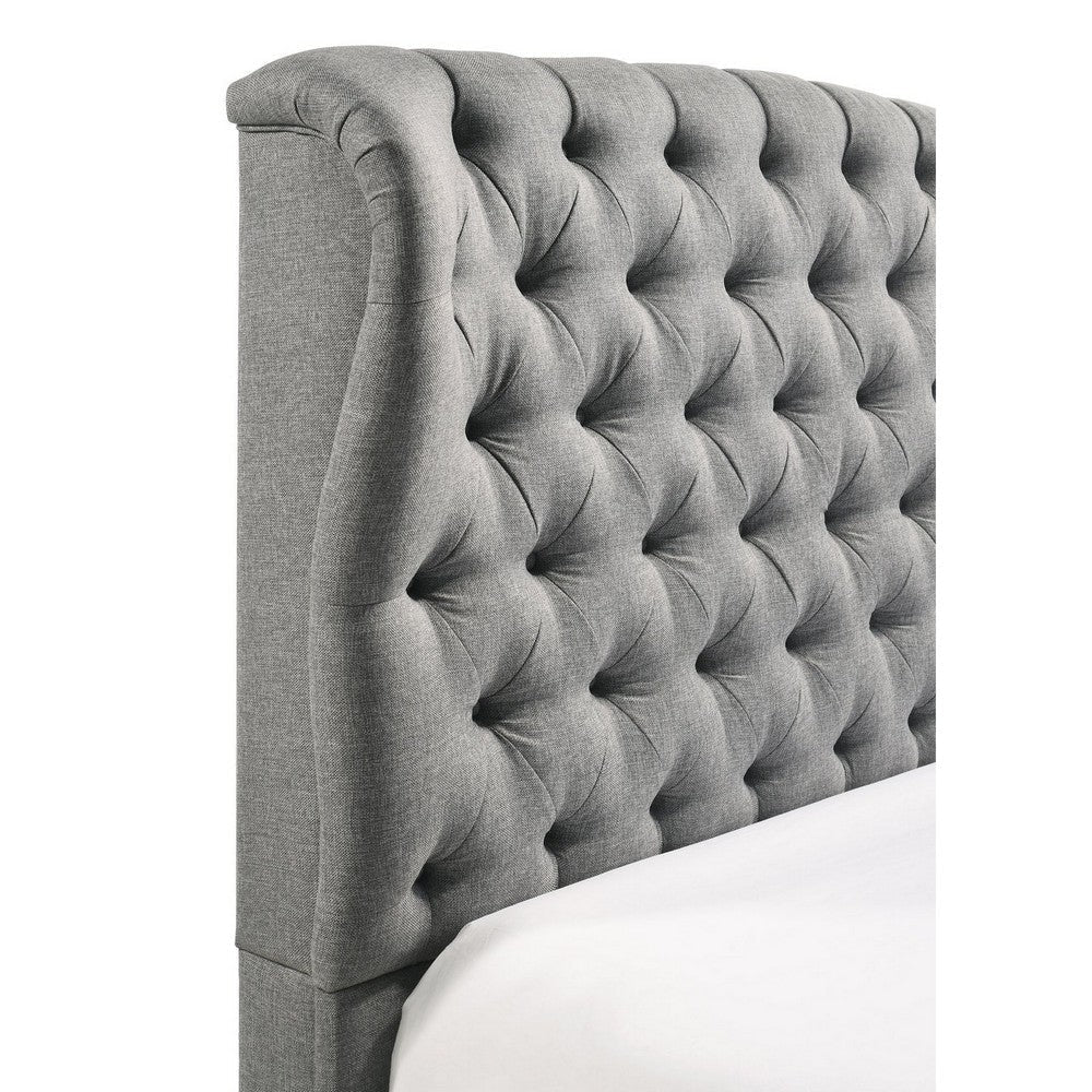 Kevin Queen Size Bed Button Tufted Gray Fabric Upholstery Low Profile By Casagear Home