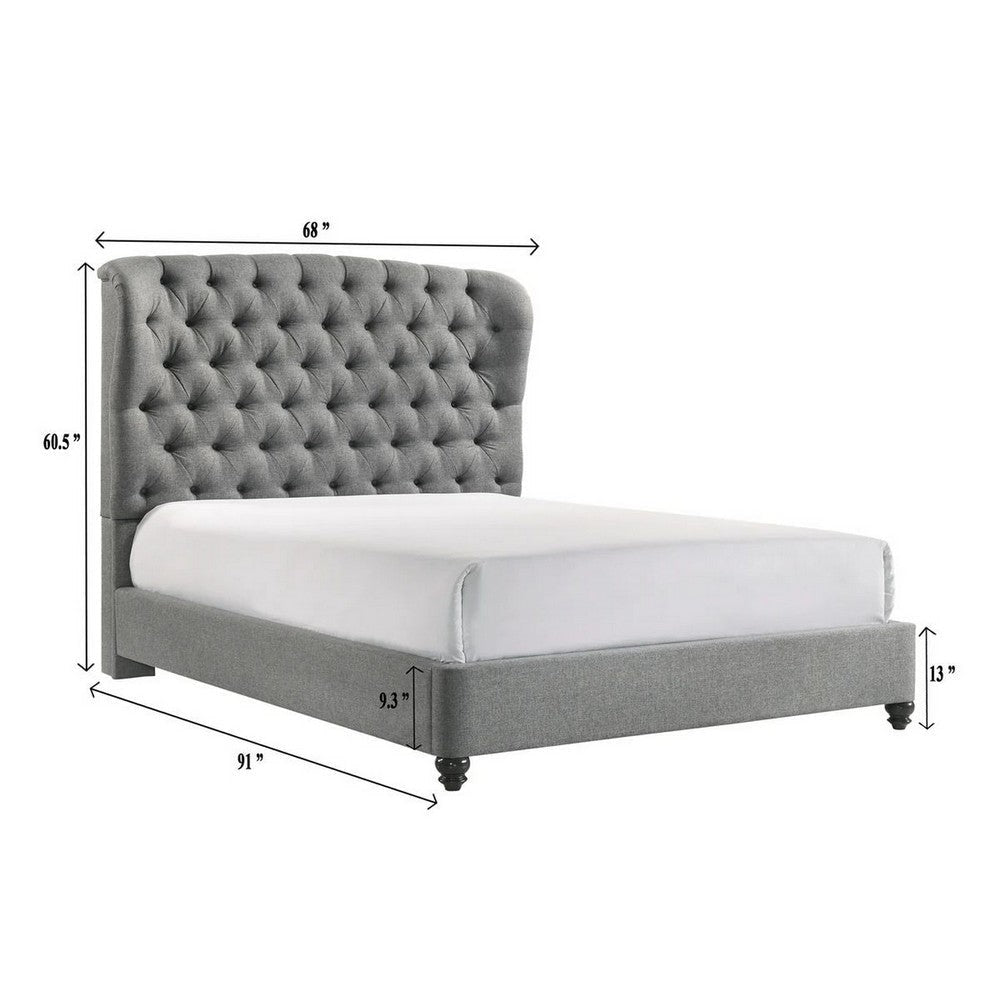 Kevin Queen Size Bed Button Tufted Gray Fabric Upholstery Low Profile By Casagear Home