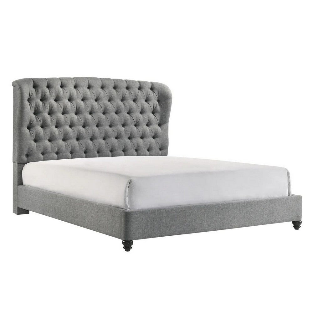 Kevin Queen Size Bed Button Tufted Gray Fabric Upholstery Low Profile By Casagear Home