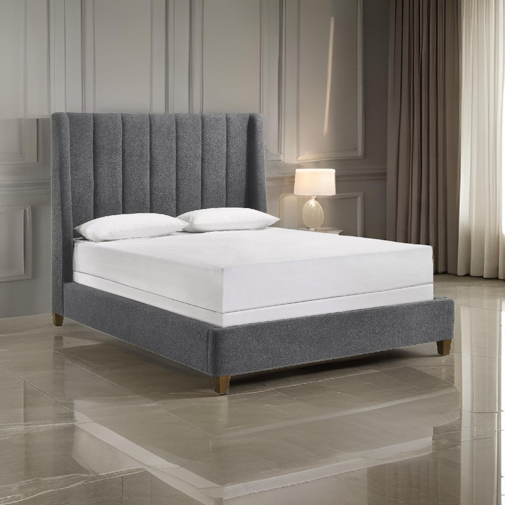Aegis Queen Size Bed, Wingback, Channel Tufted, Charcoal Gray Upholstery By Casagear Home
