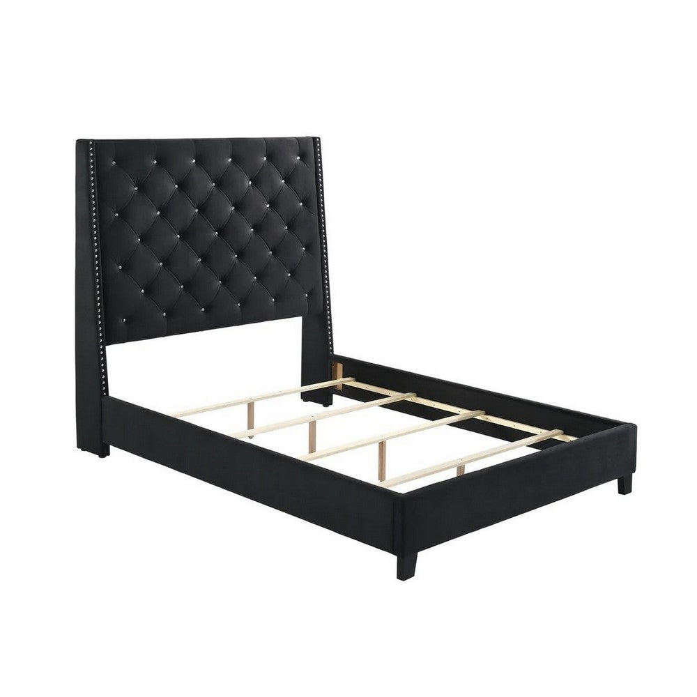 Maze King Size Bed Button Tufted Nailhead Trim Black Fabric Upholstery By Casagear Home
