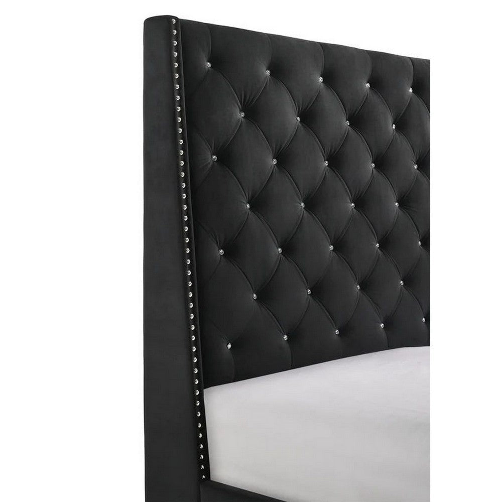 Maze King Size Bed Button Tufted Nailhead Trim Black Fabric Upholstery By Casagear Home BM307255