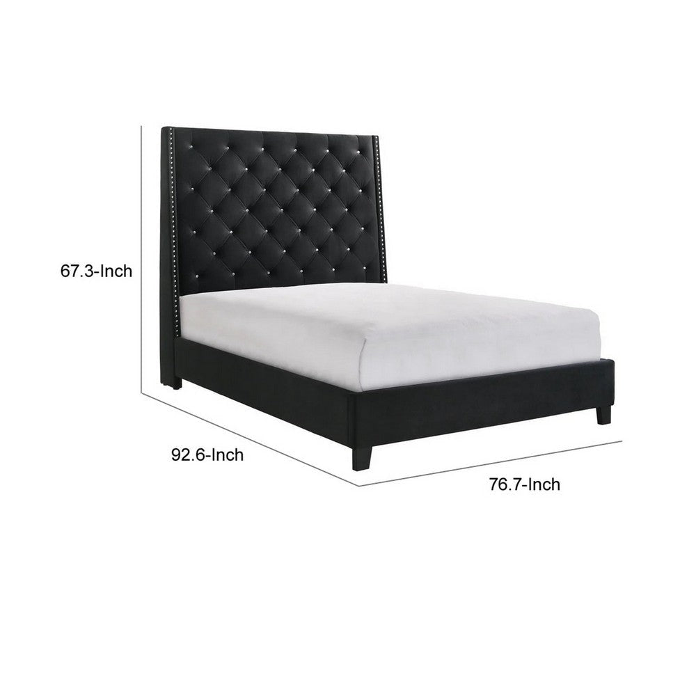 Maze King Size Bed Button Tufted Nailhead Trim Black Fabric Upholstery By Casagear Home