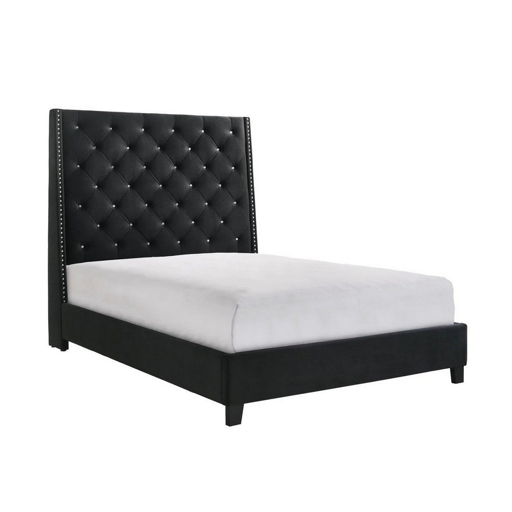 Maze King Size Bed Button Tufted Nailhead Trim Black Fabric Upholstery By Casagear Home