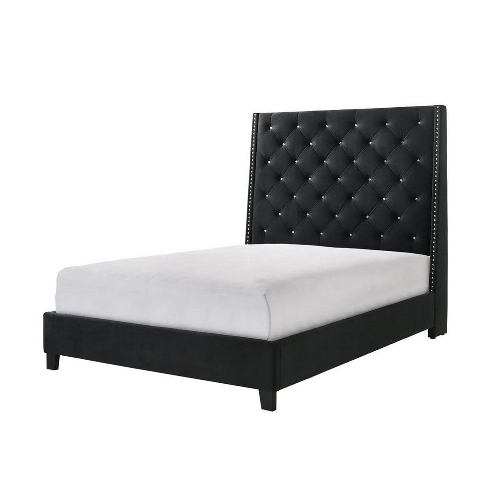 Maze Queen Size Bed Button Tufted Nailhead Trim Black Fabric Upholstery By Casagear Home BM307256