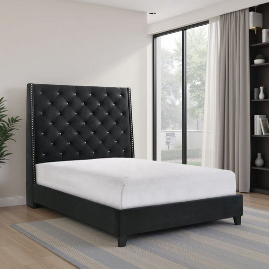 Maze Queen Size Bed, Button Tufted, Nailhead Trim, Black Fabric Upholstery By Casagear Home