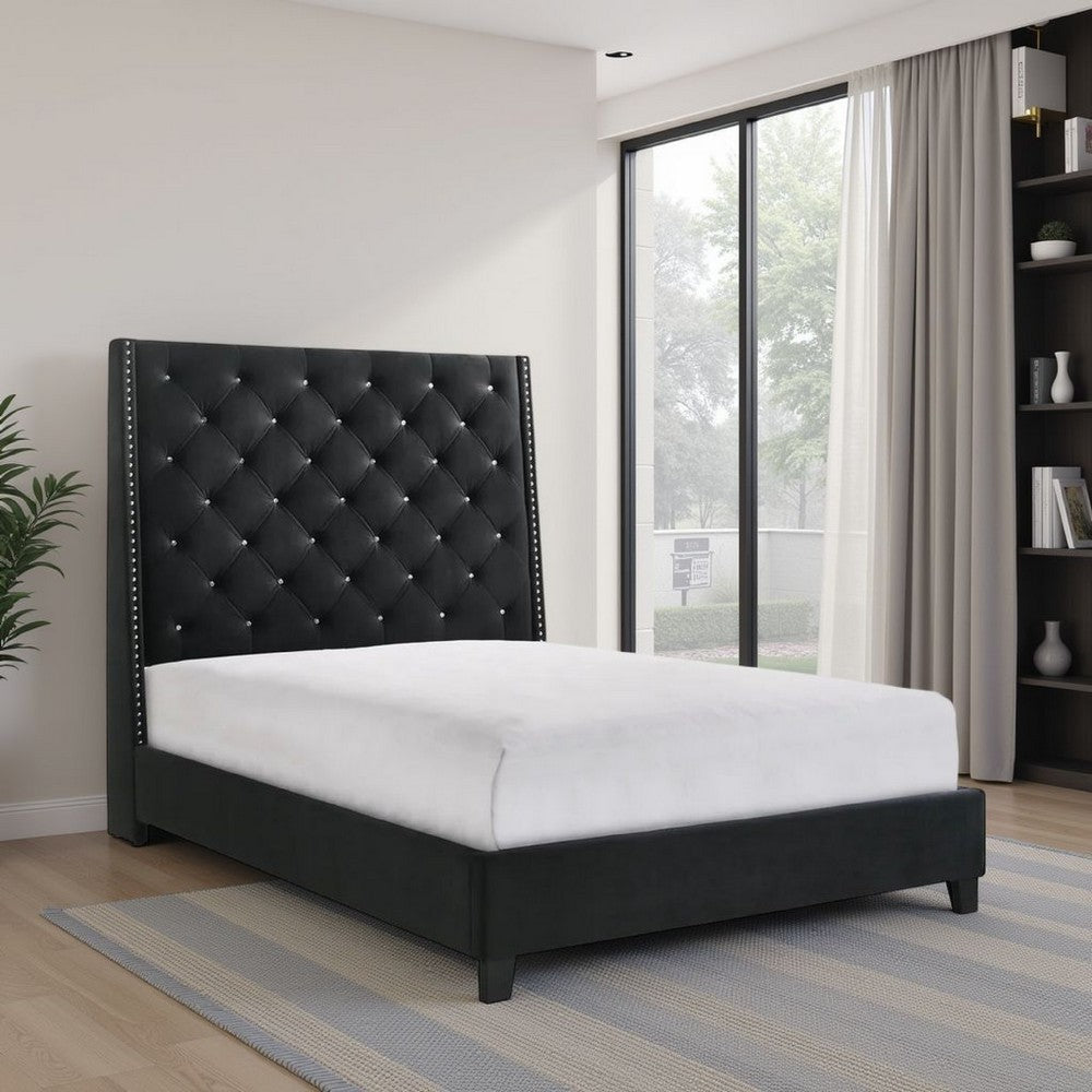 Maze Queen Size Bed, Button Tufted, Nailhead Trim, Black Fabric Upholstery By Casagear Home