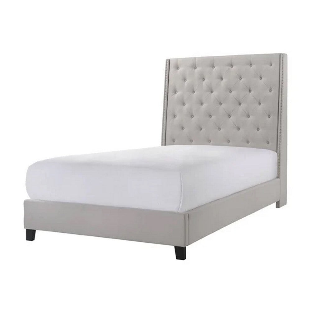 Maze King Size Bed Button Tufted Nailhead Beige Faux Leather Upholstery By Casagear Home BM307257